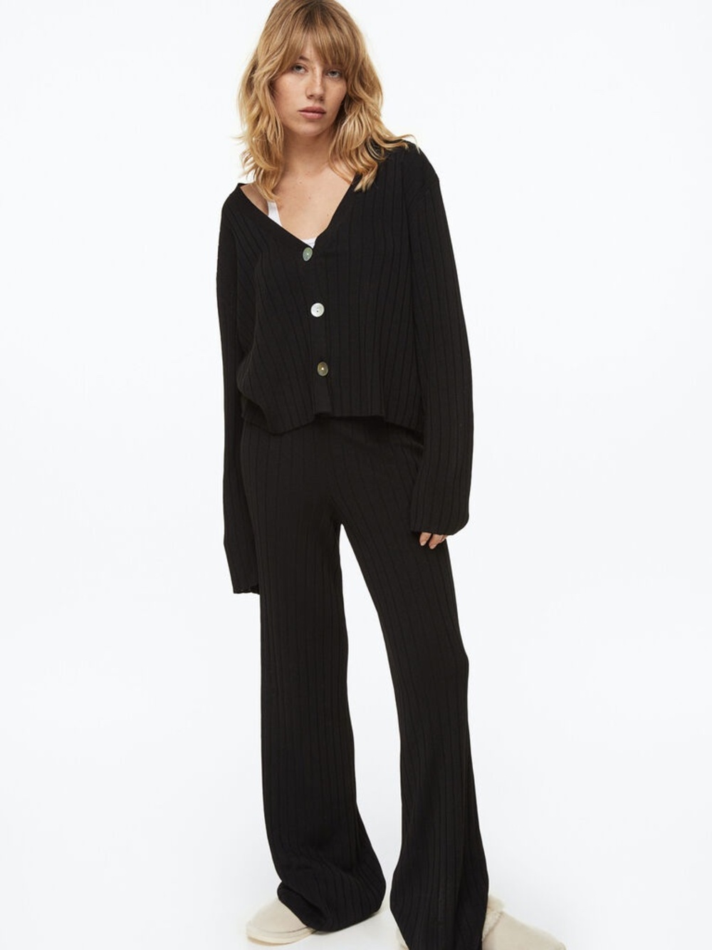 SET! Women's H&M Black Ribbed Knit Flared Pants and Cardigan